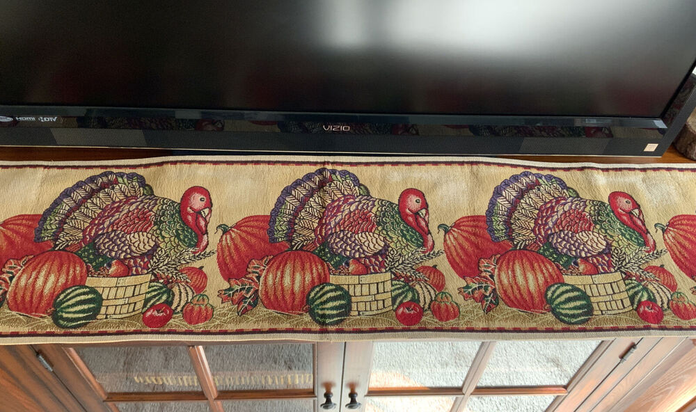 Thanksgiving Autumn Turkeys & Pumpkins Cotton Tapestry 13”x72” Table Runner